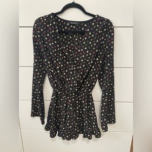 Honey Punch black floral short dress with long flair bell sleeves. Size XS
